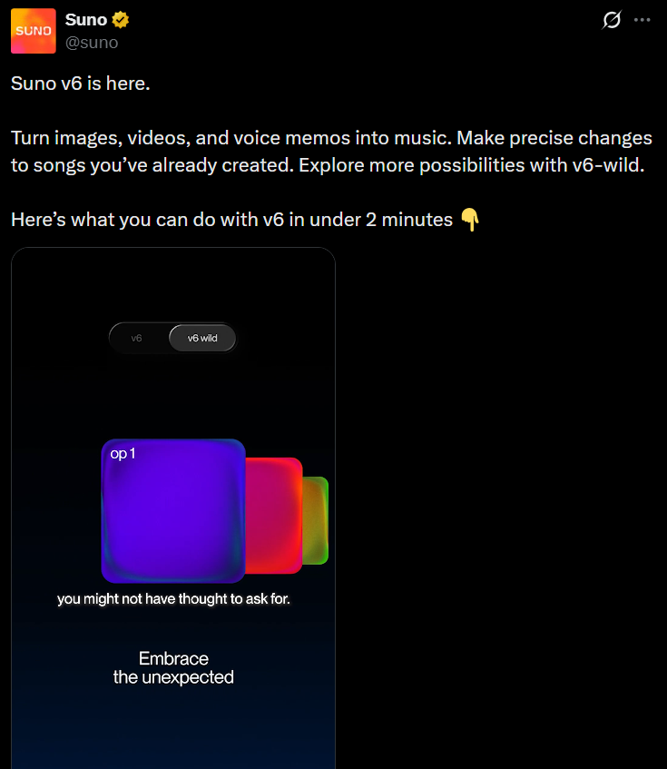 Suno v6 正式上线:图片、视频、语音备忘录一键变音乐,精准编辑歌曲成现实